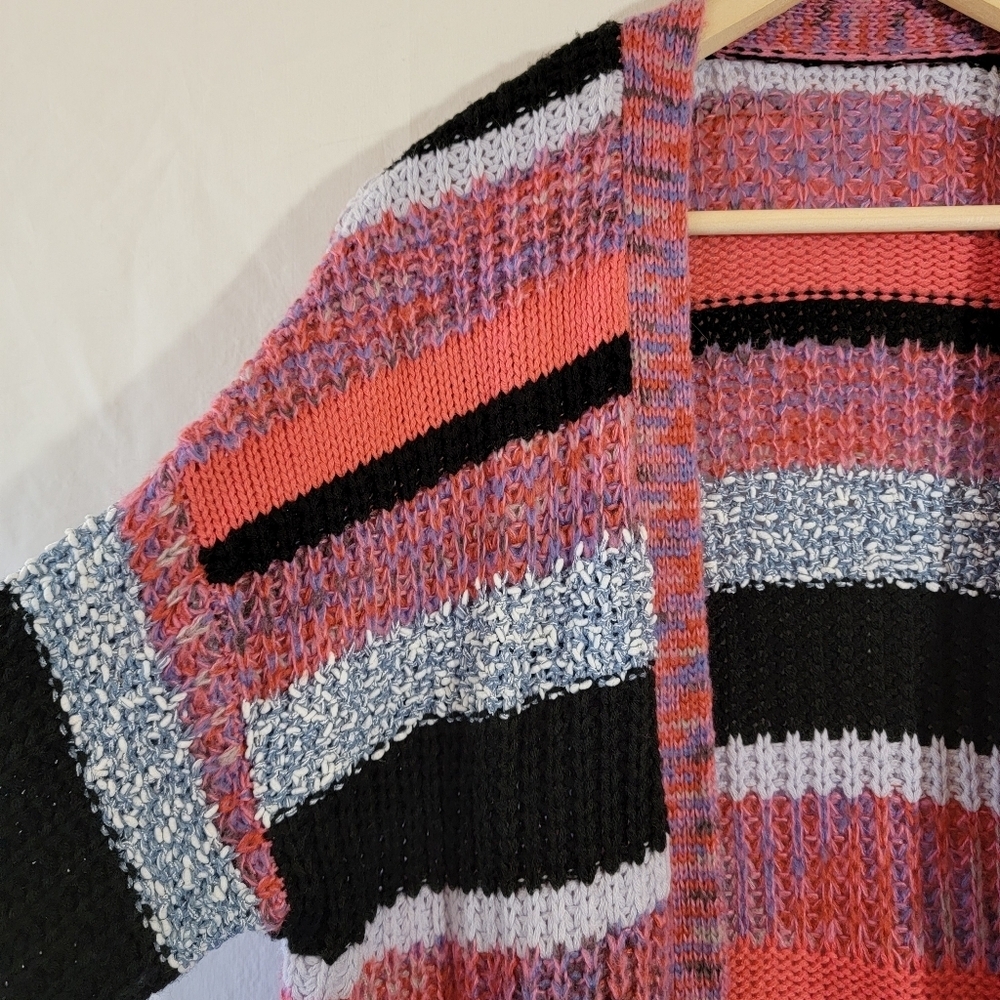 Women's Multicolored Striped Open Front Duster Cardigan L Boho Minimalist Pocket - Picture 5 of 11
